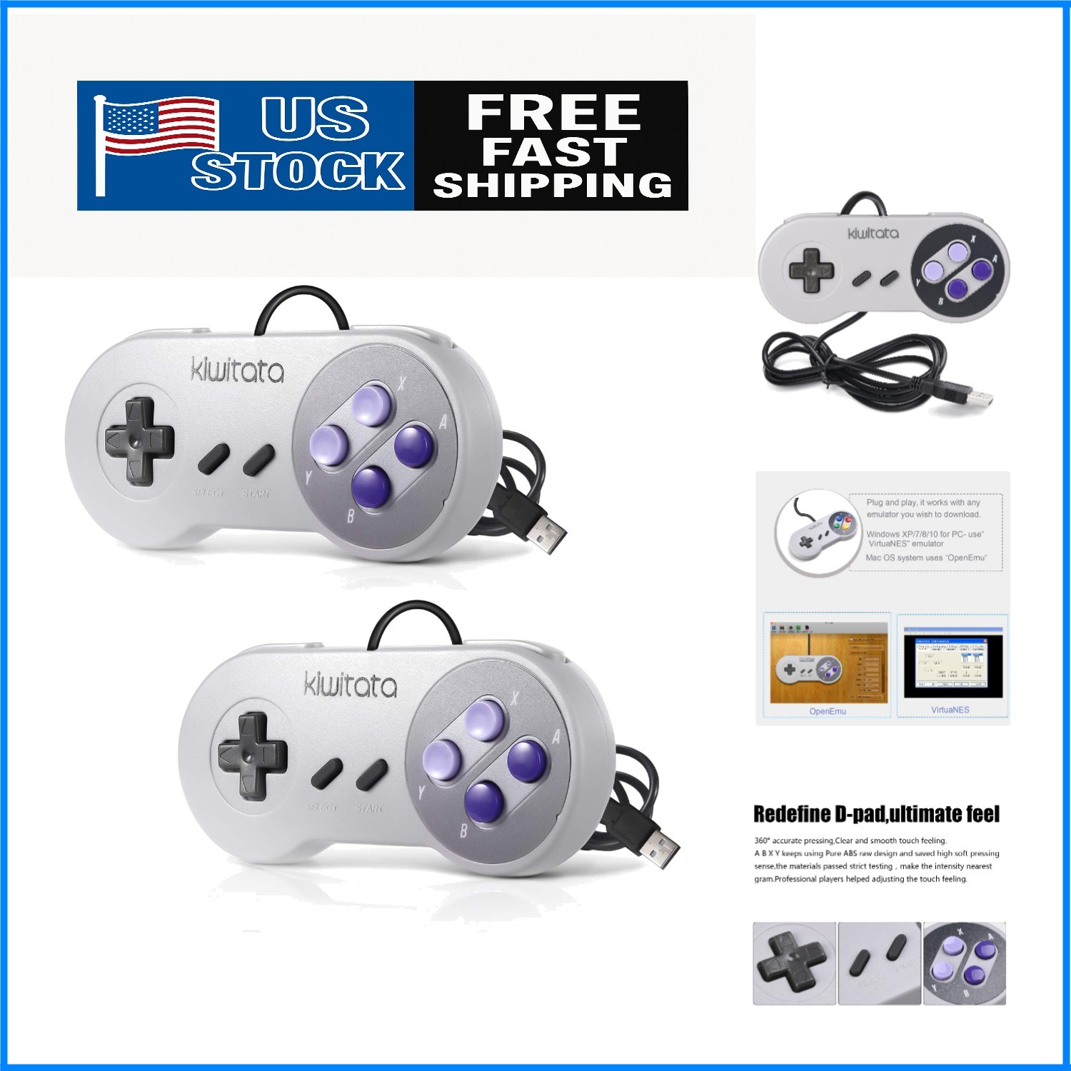 Ergonomic 2X Classic SNES USB Controllers for PC, Mac & Raspberry Pi Gaming