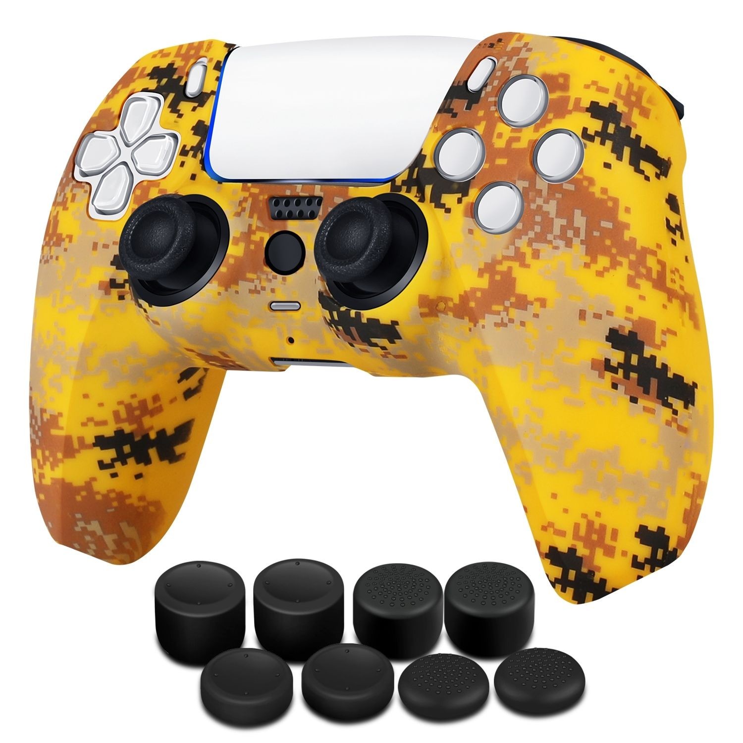 PS5 Controller Skin Grip Cover Silicone Gel Rubber w/ 8 Thumb Caps – Camo Yellow