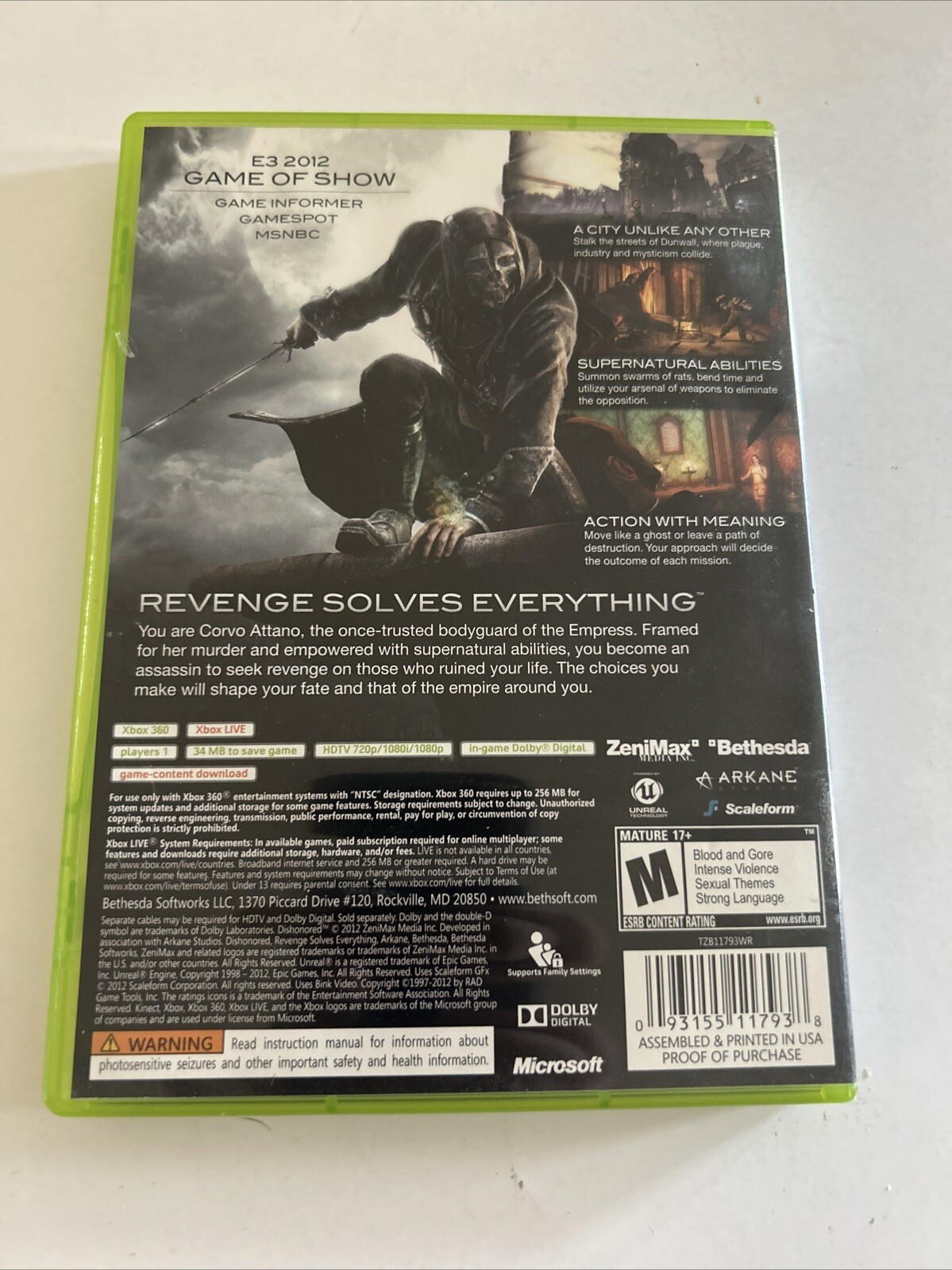 Dishonored Xbox 360 Complete/ Tested
