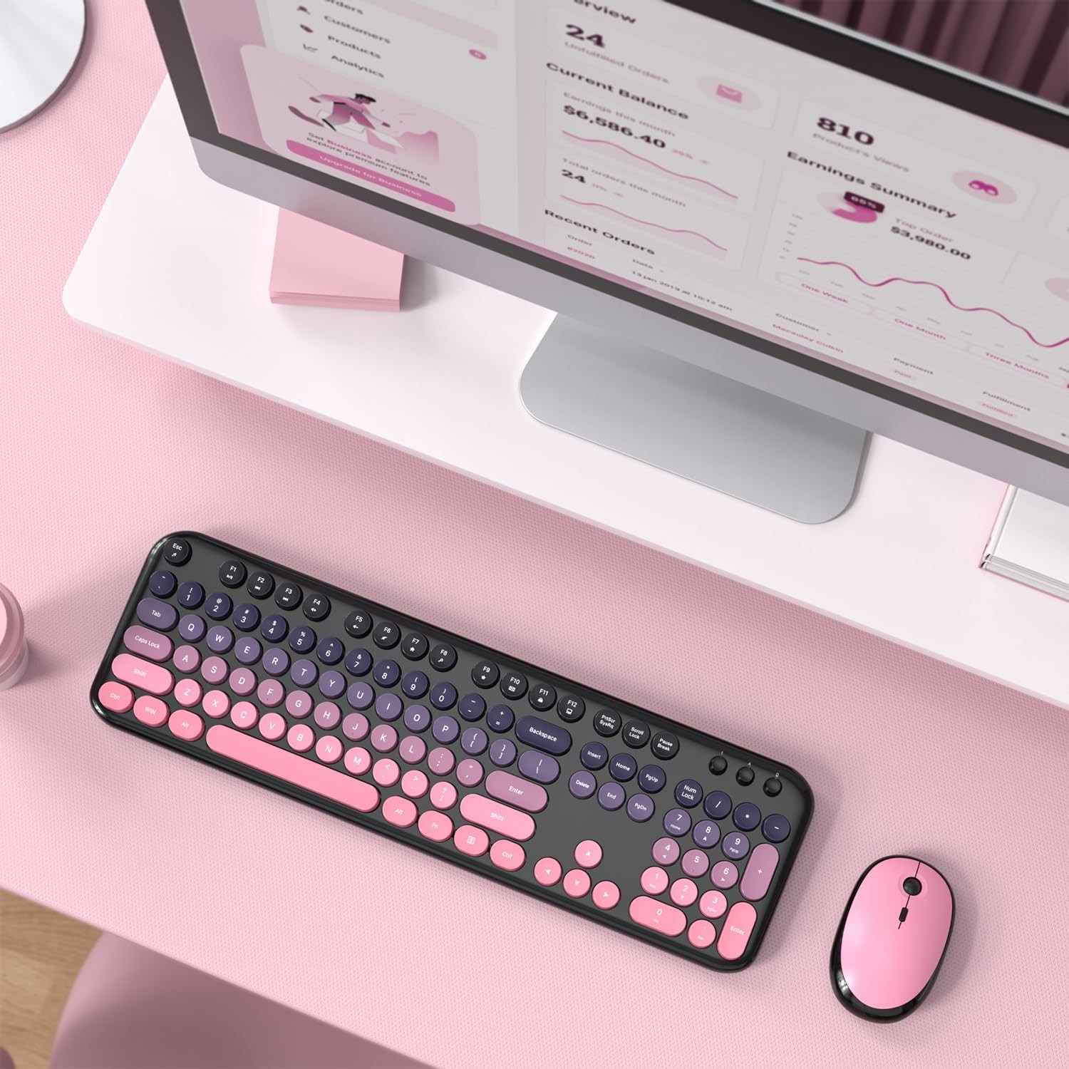Wireless Keyboard Mouse Combo – Lovely CherryPink-Gradient Rainbow Full-Sized…