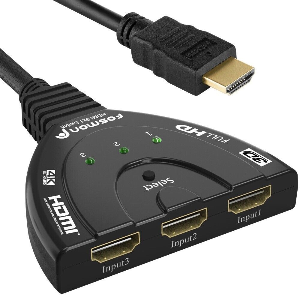 Fosmon 3×1 3 Port Gold Plated 4K UHD 3D High Speed Braided HDMI Switch Plug