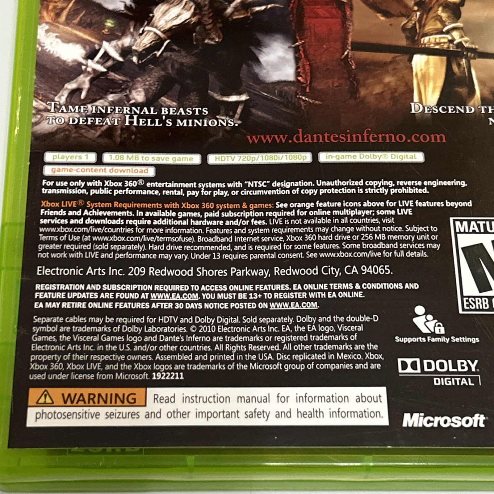 Dante’s Inferno Xbox 360 EA Visceral Games Action Horror Xbox Live Game Complete