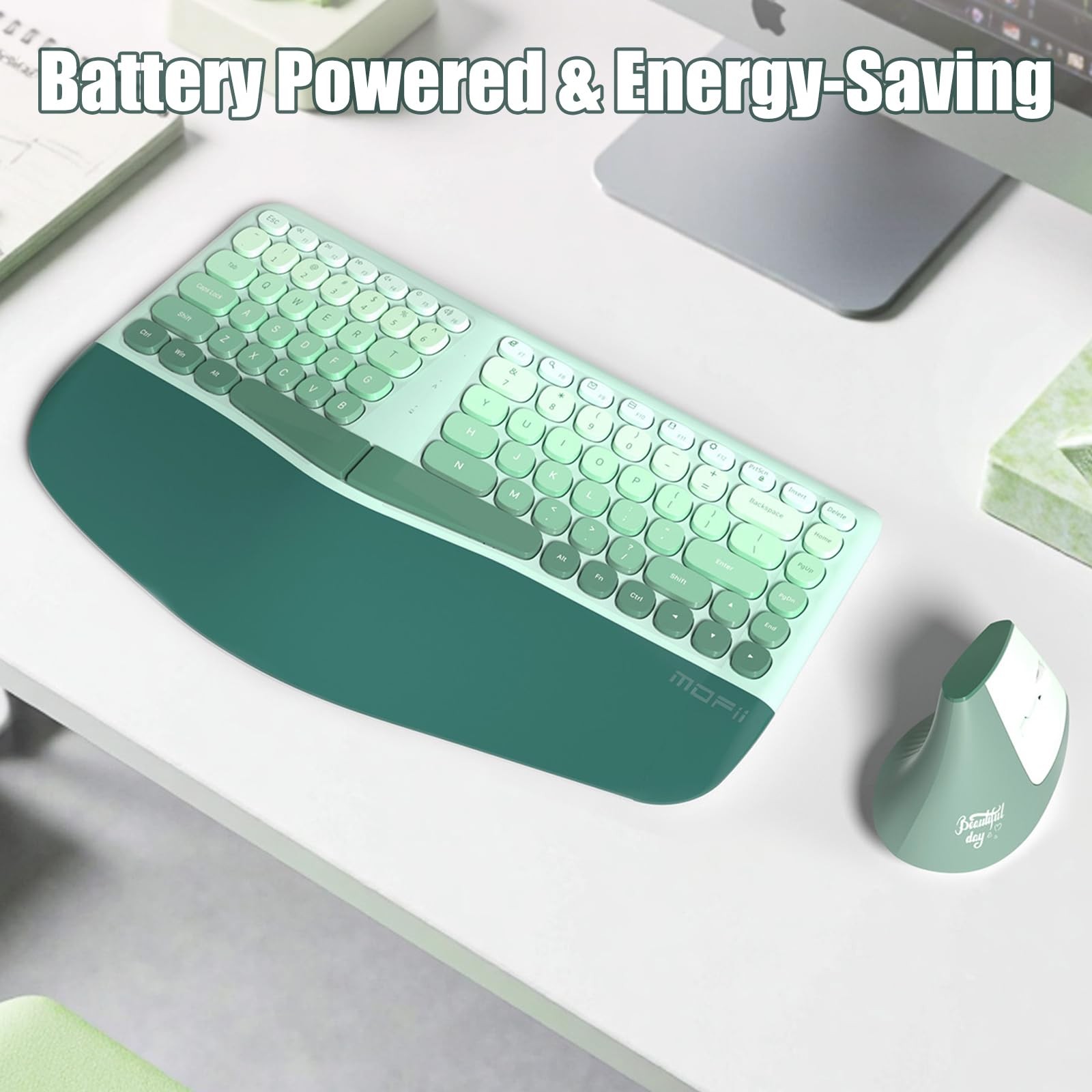TISHLED Ergonomic Wireless Keyboard and Mouse Combo with Wrist Mint Green