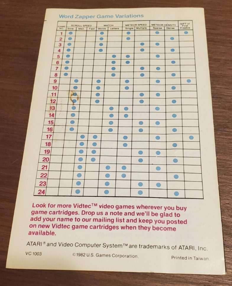 Word Zapper W/ Box + Manual ATARI 2600 1982 Vidtec Vintage Game Cartridge