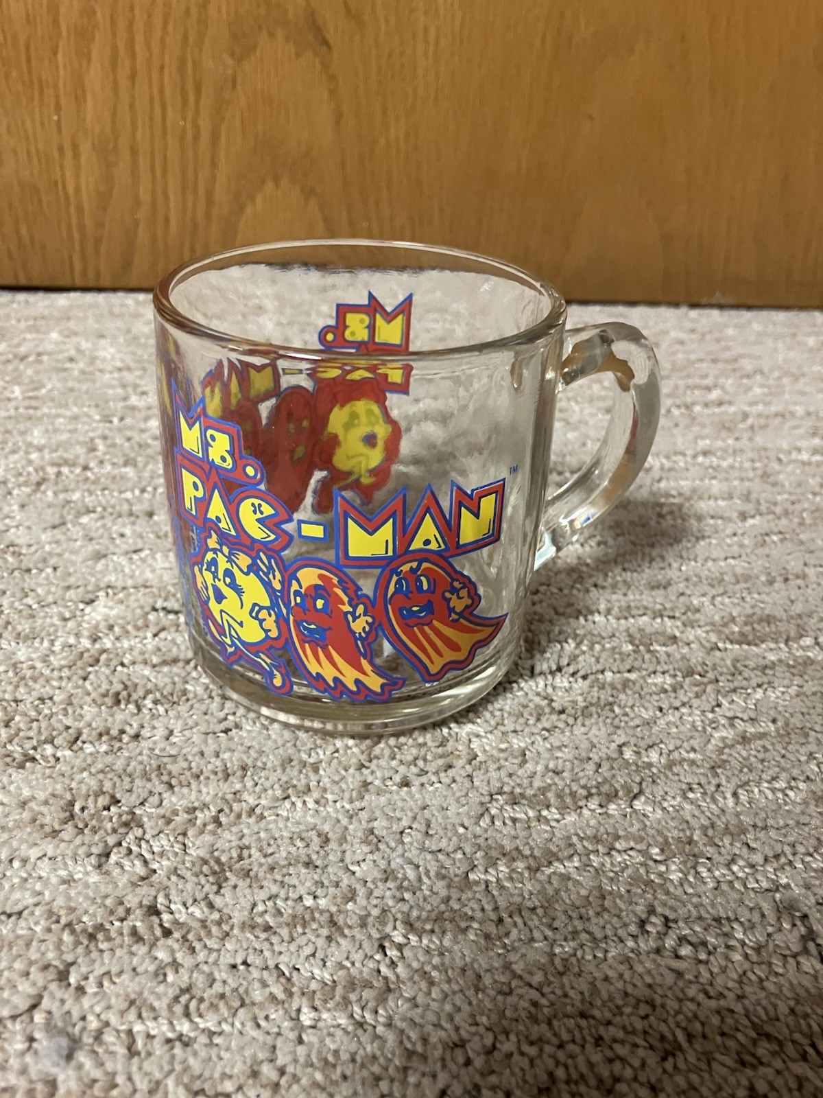 HTF MS. PAC-MAN 3 1/2″ CLEAR GLASS COFFEE MUG ARCADE GAME 1982 BALLY MIDWAY NICE