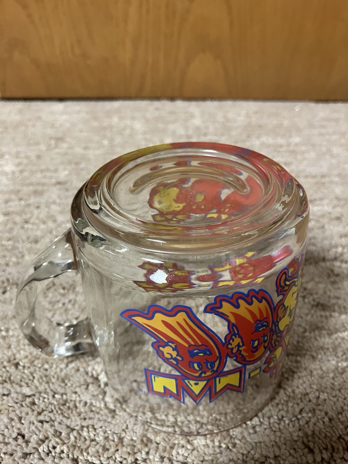 HTF MS. PAC-MAN 3 1/2″ CLEAR GLASS COFFEE MUG ARCADE GAME 1982 BALLY MIDWAY NICE