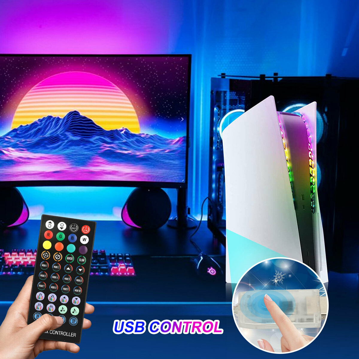For PS5 Console USB 5050 RGB LED Light Strip Kit Sync Music 8 Colors 400 Effects