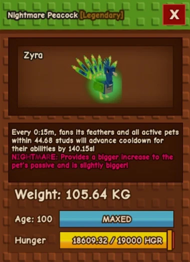 Nightmare Peacock 105+Kg – 15 Seconds Cooldown