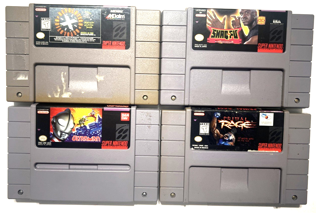 4 SNES Fighting Games Shaq Fu Ultraman Primal Rage Super Nintendo