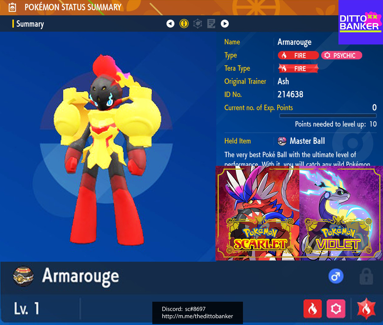 Pokemon Scarlet/Violet ✨SHINY ARMAROUGE Lv.1 Modest 6IV w/ Masterball TRADE