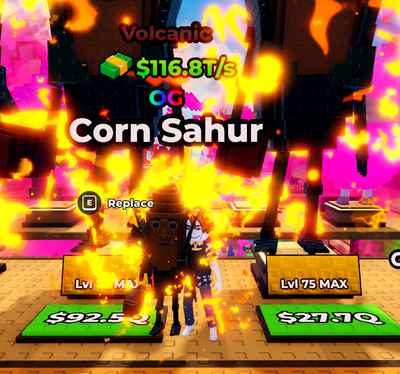 Kick a Lucky Block 🌋 Volcanic Corn Sahur 🌋 Lvl 75 🌋 LOWEST PRICE!!