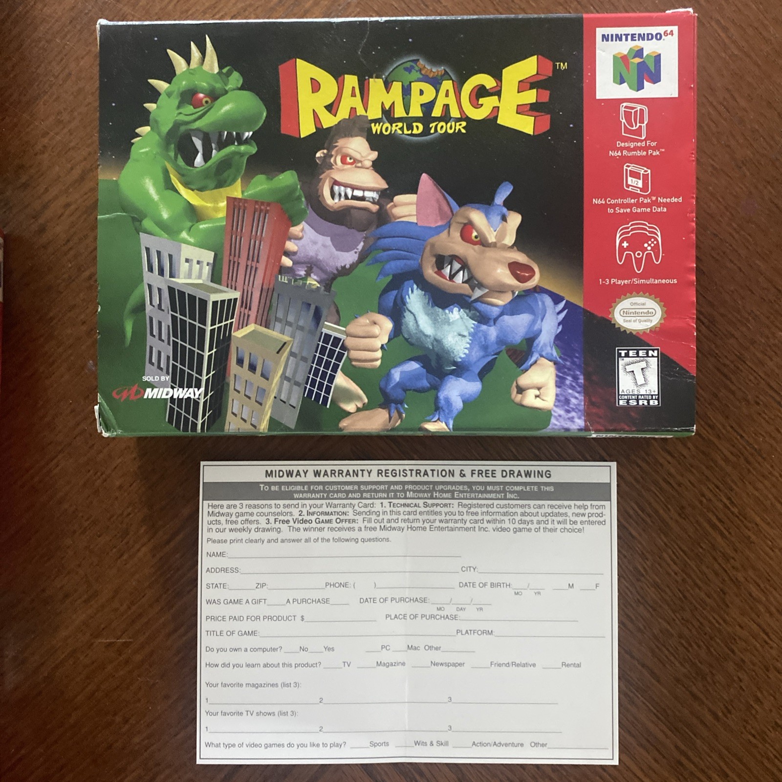 Rampage World Tour (Nintendo 64 N64) BOX w/ Protector & Registration Card Only