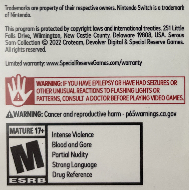 Serious Sam Collection Nintendo Switch Special Reserve Games Variant New Sealed