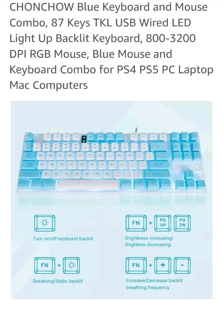 Blue Keyboard and Mouse Combo, 87 Keys TKL USB Wired LED Light Up Backlit Key…