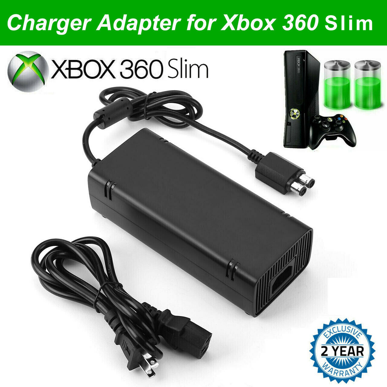 For Xbox 360 Slim Console Power Supply Brick AC Adapter Charger with Power Cord