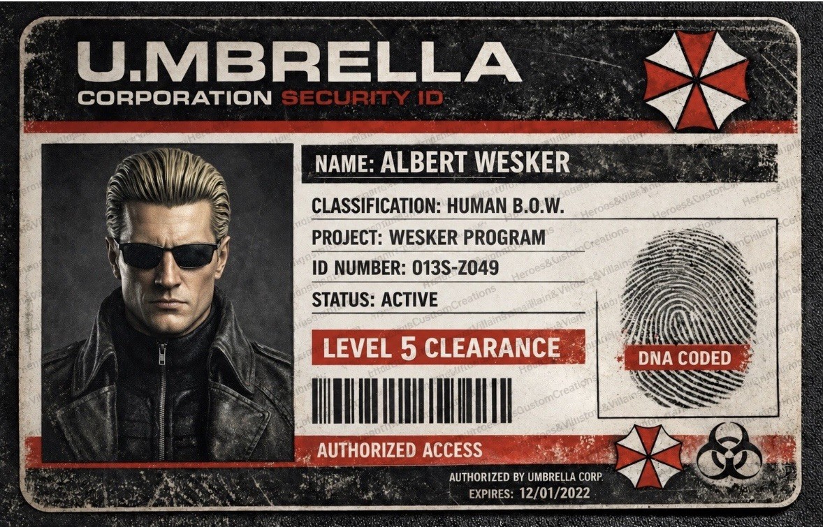 5×7 Resident Evil Albert Wesker Photo Sticker on Glossy Vinyl & Umbrella ID Card
