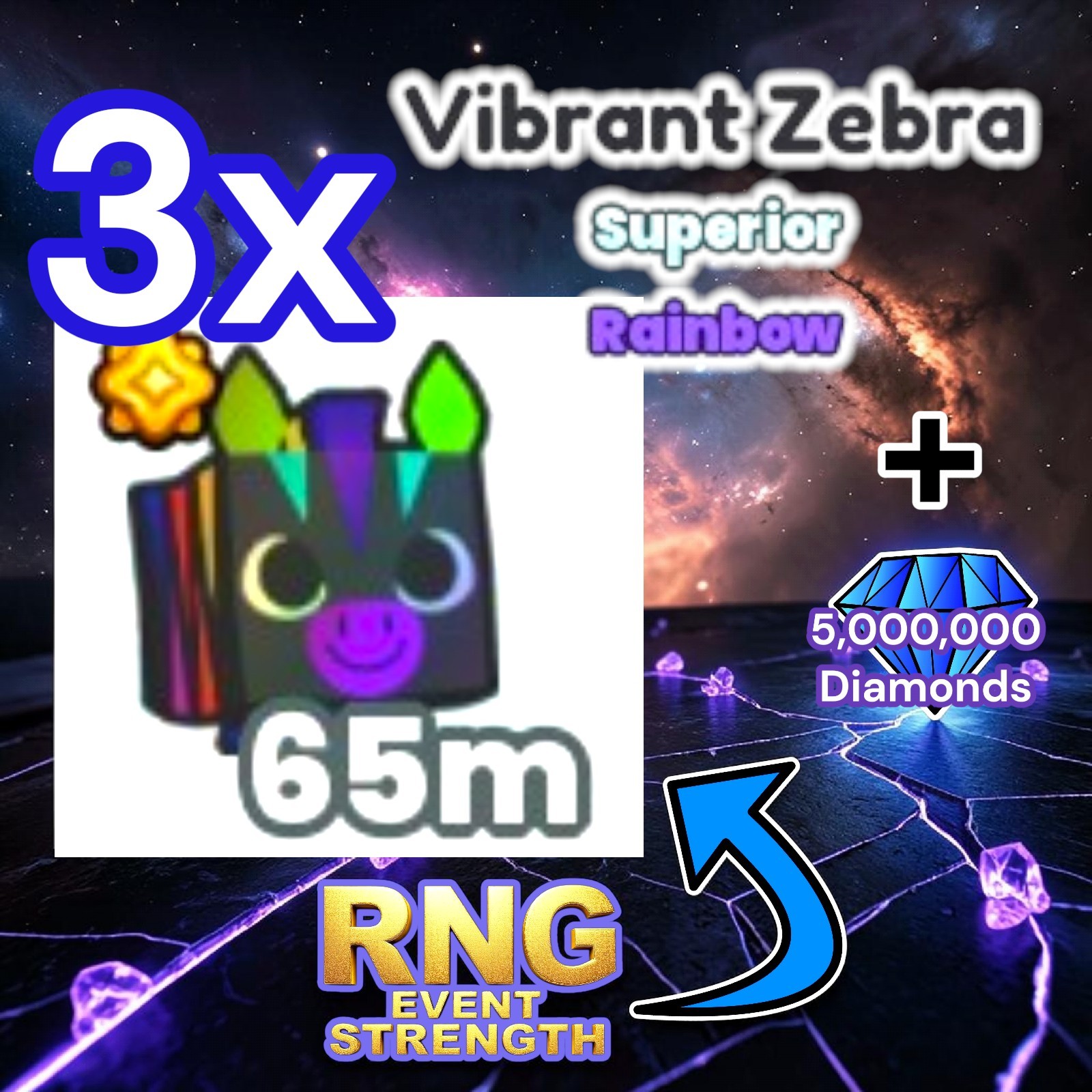 3x Rainbow Vibrant Zebra (RNG Update) + 5 Million Diamonds. PS99