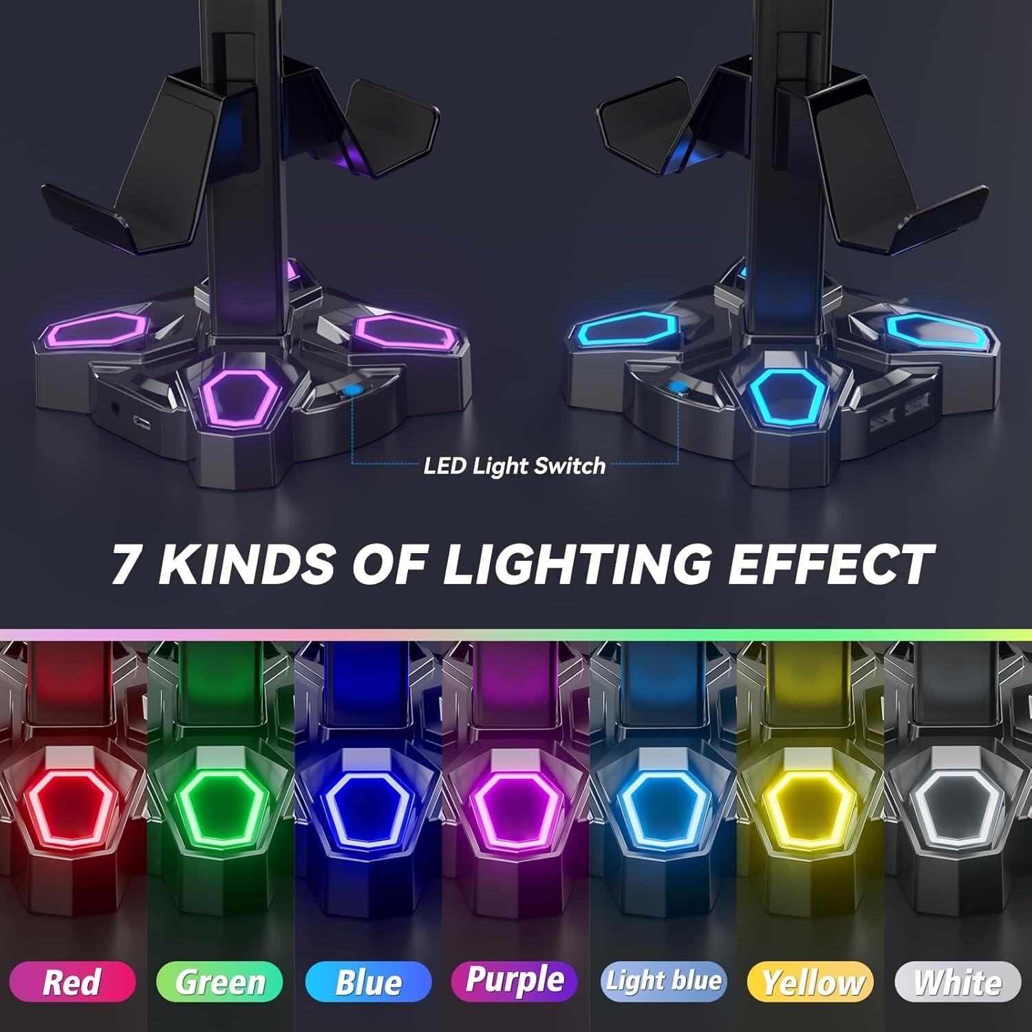 Stylish Rotating Gaming Headphone & Controller Holder with RGB Lights – Black