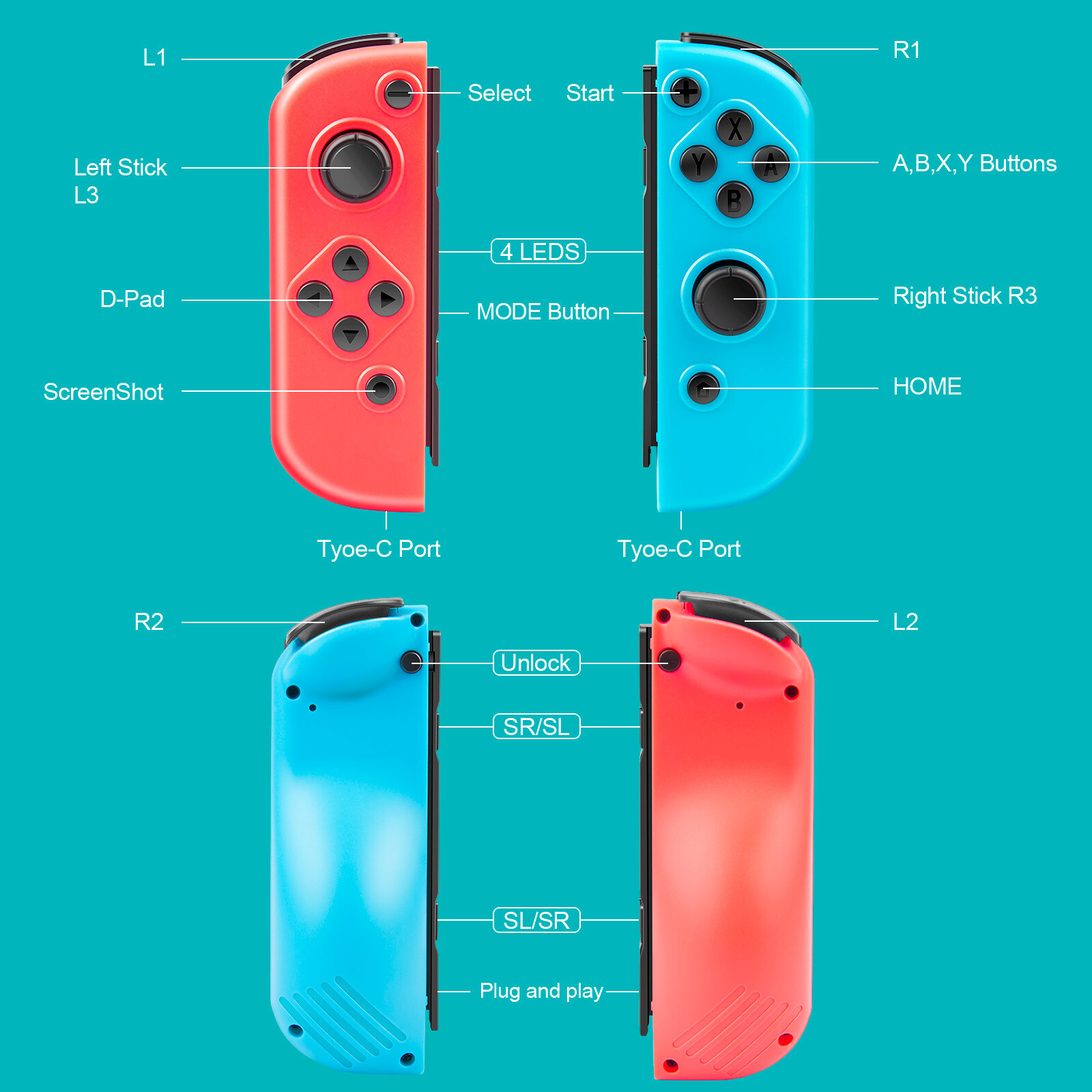 Wireless Left&Right for Nintendo Switch Joypad Controllers AC Adapter Charger US