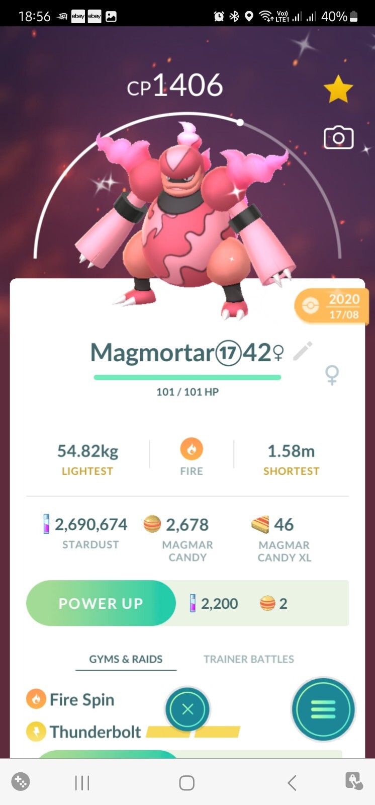 Shiny Magmortar Legacy ( Thunderbolt ) Pokemon Tr@de Go