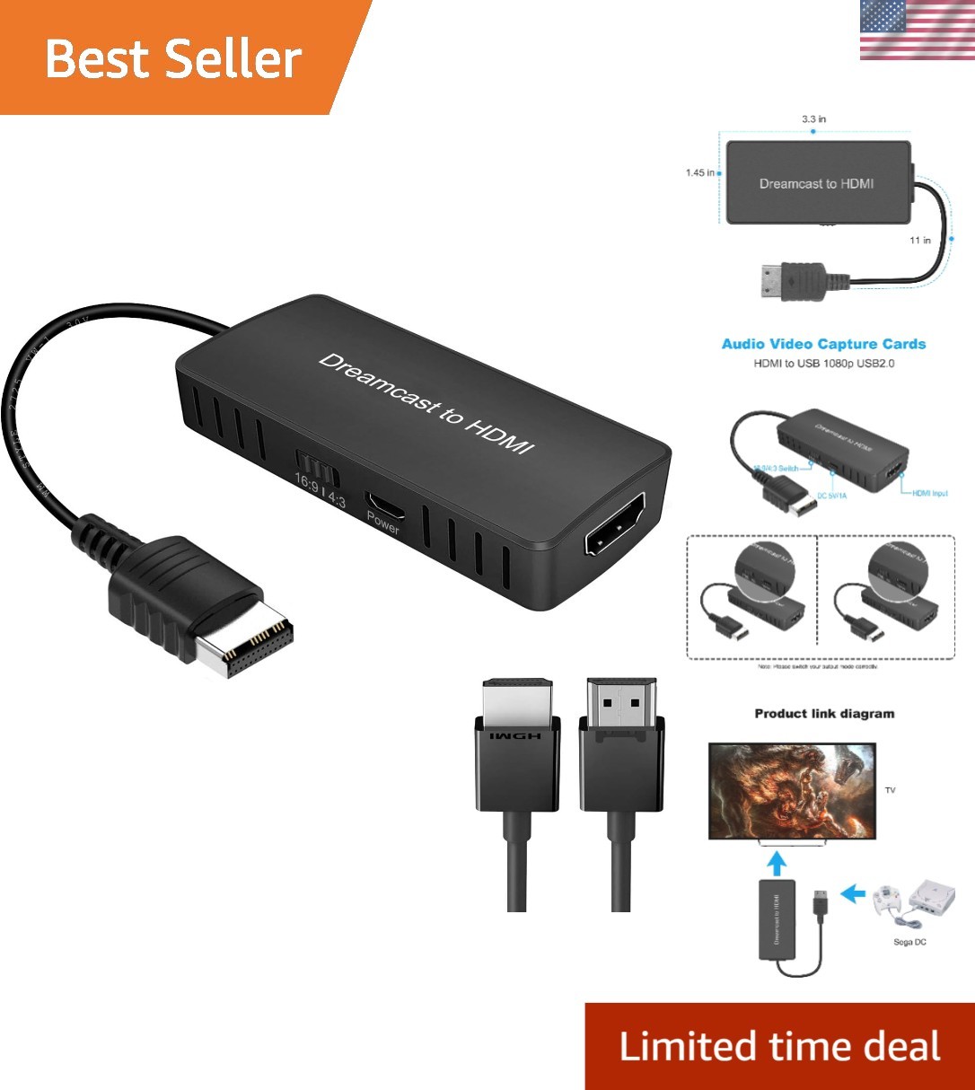 Retrofitted Dreamcast to HDMI Link Cable – Supports 480i/576i/480p Output