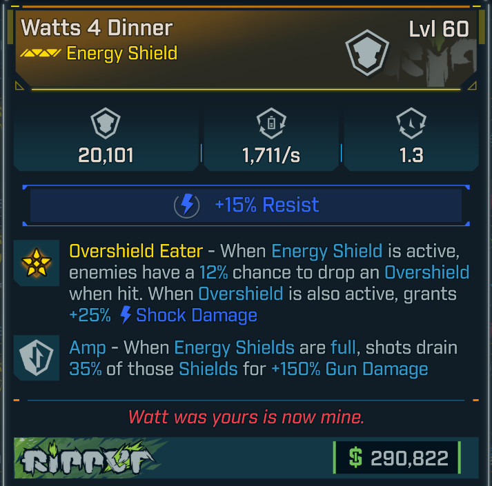 Borderlands 4 • Legendary Shield • Watts 4 Dinner • Amp 150 • Lvl 60 • PS PC XB