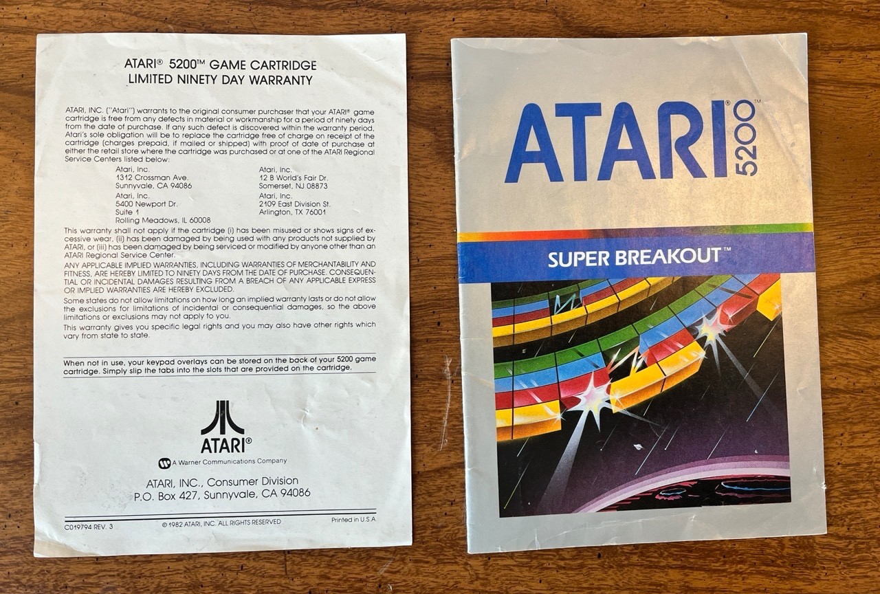 Atari 5200 Super Breakout Manual, warranty card (no cart)