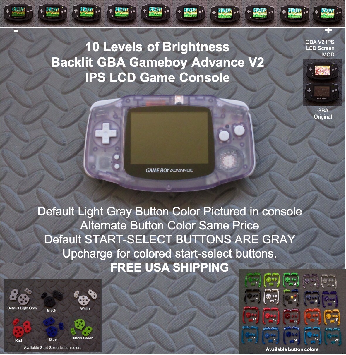 Nintendo Game Boy Advance Mod With 10 Level V2 IPS Backlit Lcd System