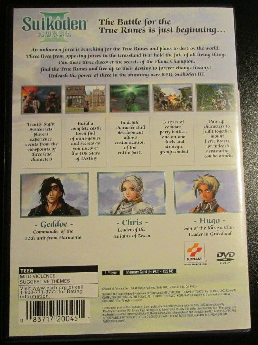 Suikoden III 3 (SONY PlayStation 2, 2002) PS2 KONAMI COMPLETE PRISTINE NEW MINT