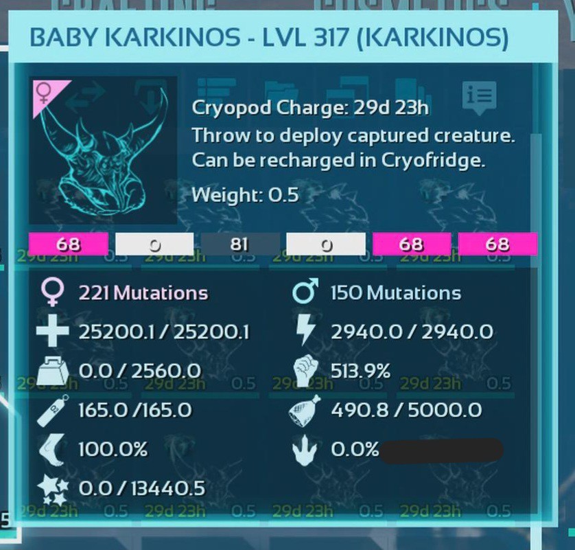 ARK ASCENDED PVE OFFICIAL PAIR BABY KARKINOS PINK 25K HP 2.5K WEIGHT 513 MELEE