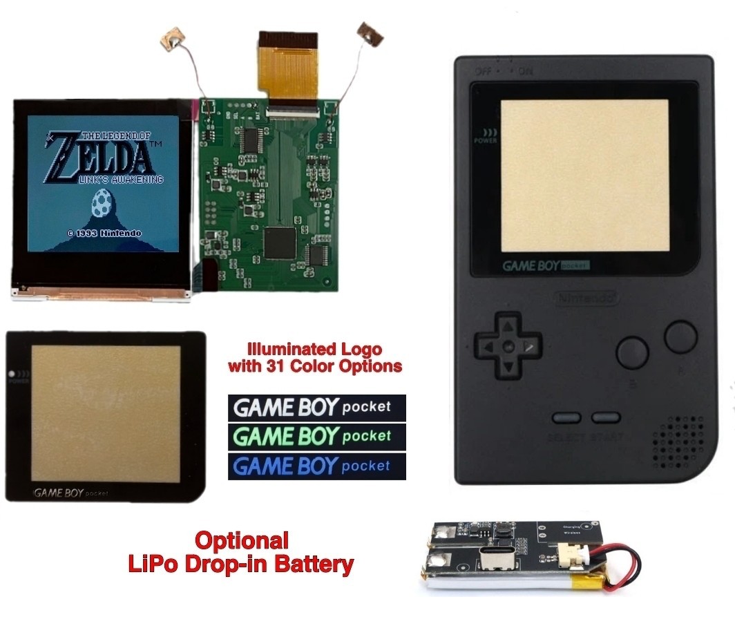 Game Boy Pocket IPS Kit w/ Illuminated Logo + Shell & USB-C LiPo Battery Gameboy