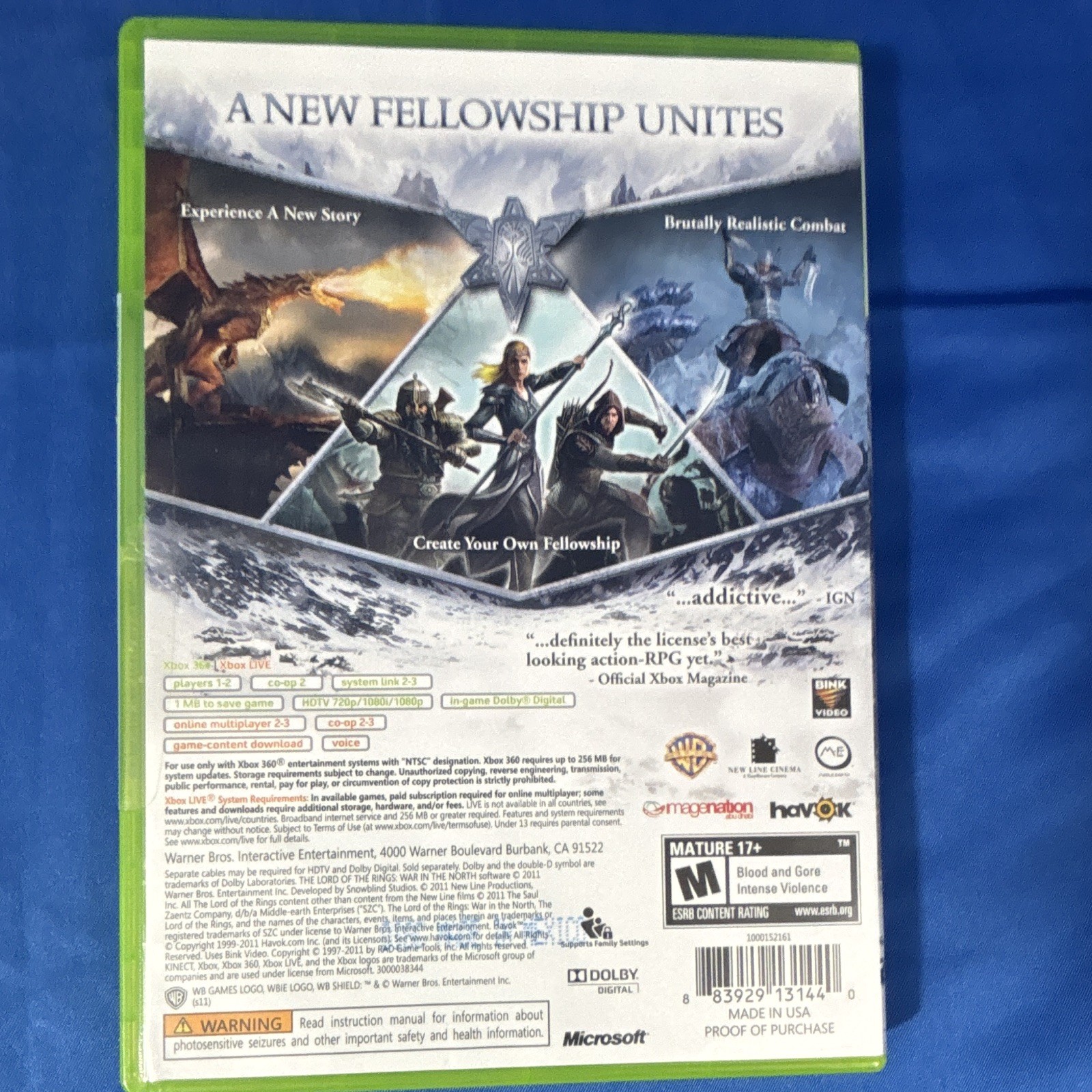 Warner Bros. Lord of the Rings: War in the North Xbox 360 M NTSC-U/C CIB Manual
