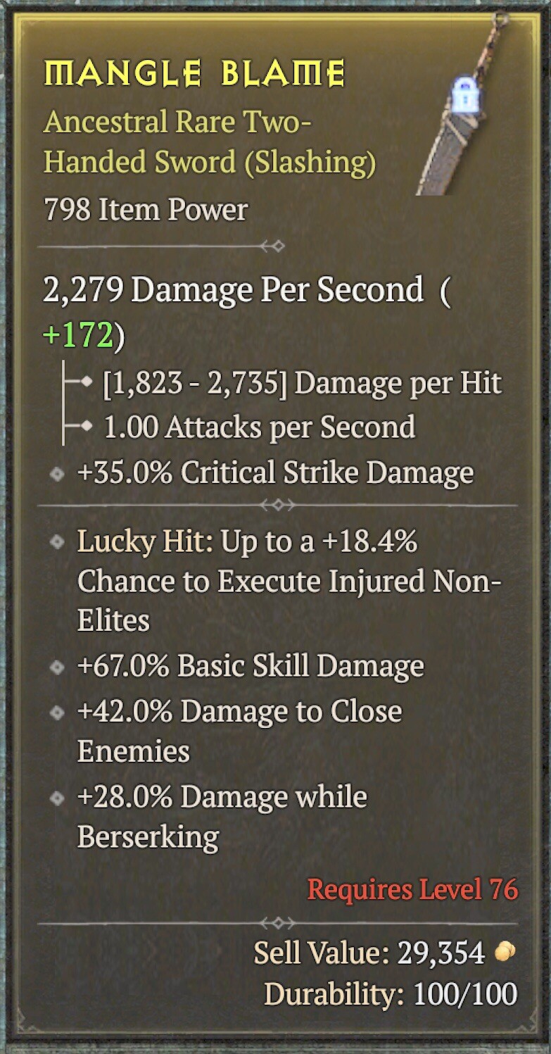 Diablo 4 Ancestral Two-Handed Sword GREAT ROLL + 1,000,000 Gold + Flawless Gems