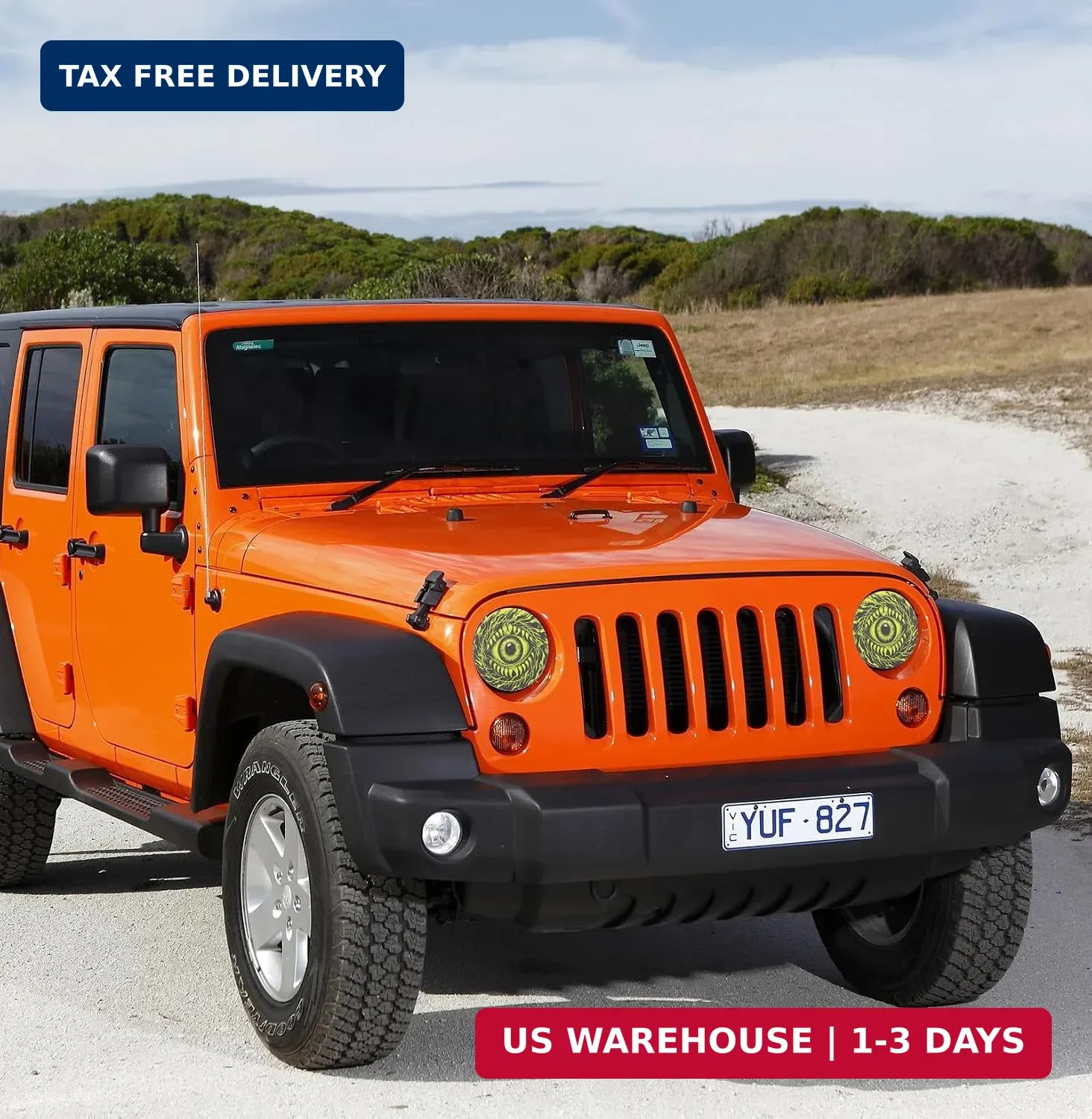2PCS Beast Eyes Headlight Decals for Jeep Wrangler JK JL TJ – 7.87″ Round Demon