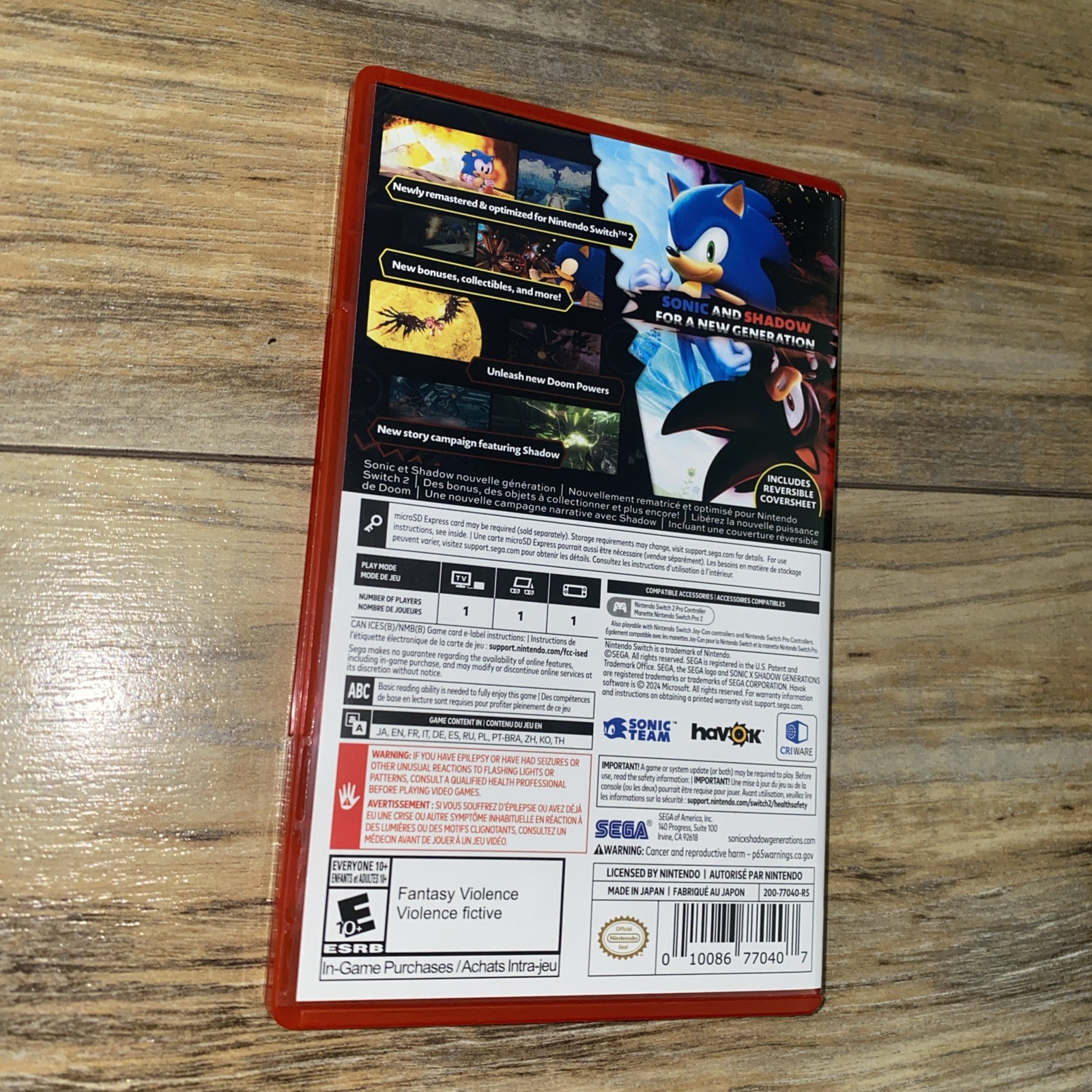 Sonic X Shadow Generations (Nintendo Switch 2) CASE ONLY NO GAME IS INCLUDED