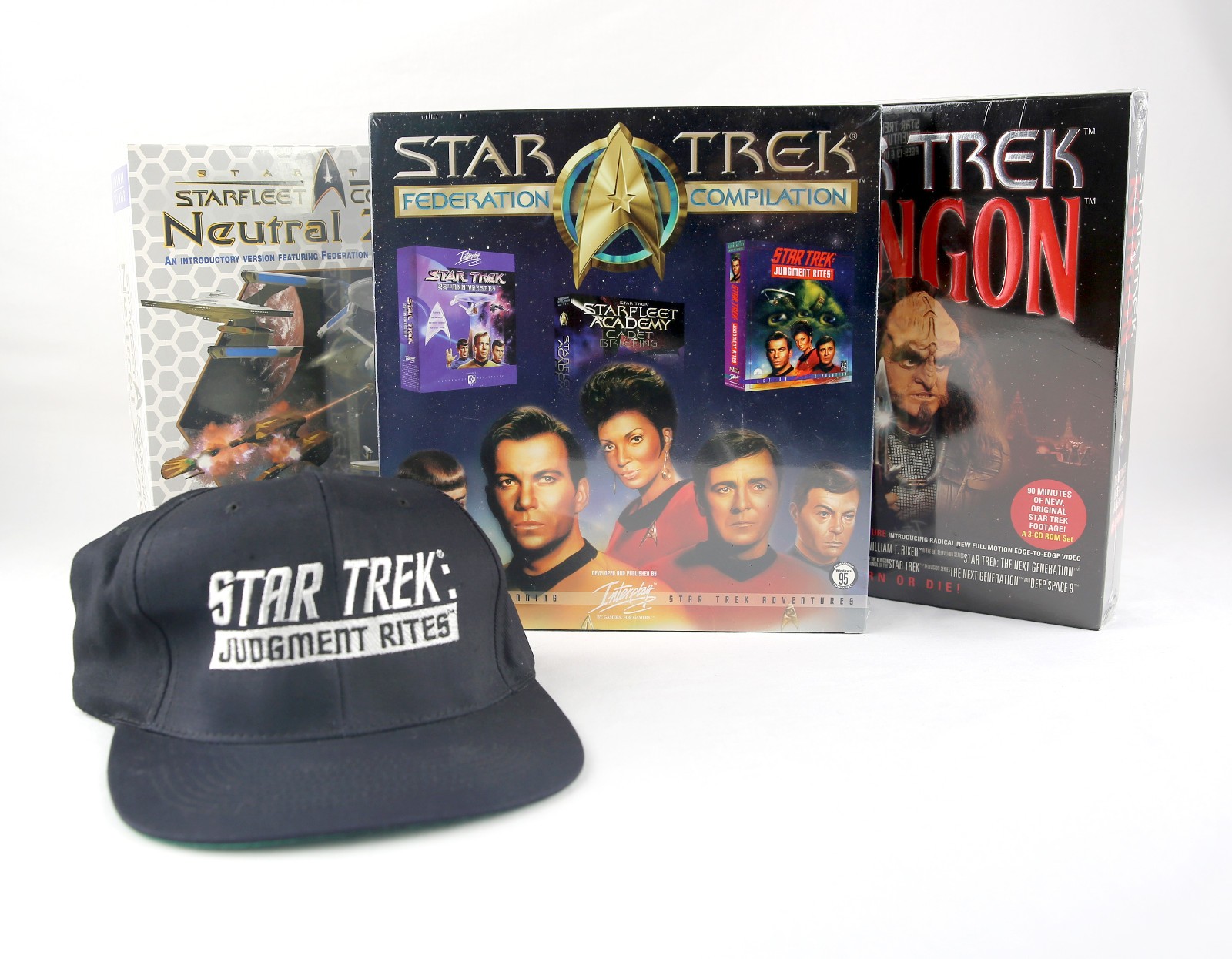 SEALED LOT Star Trek Game Lot with Interplay Production Hat RARE Big Box PC