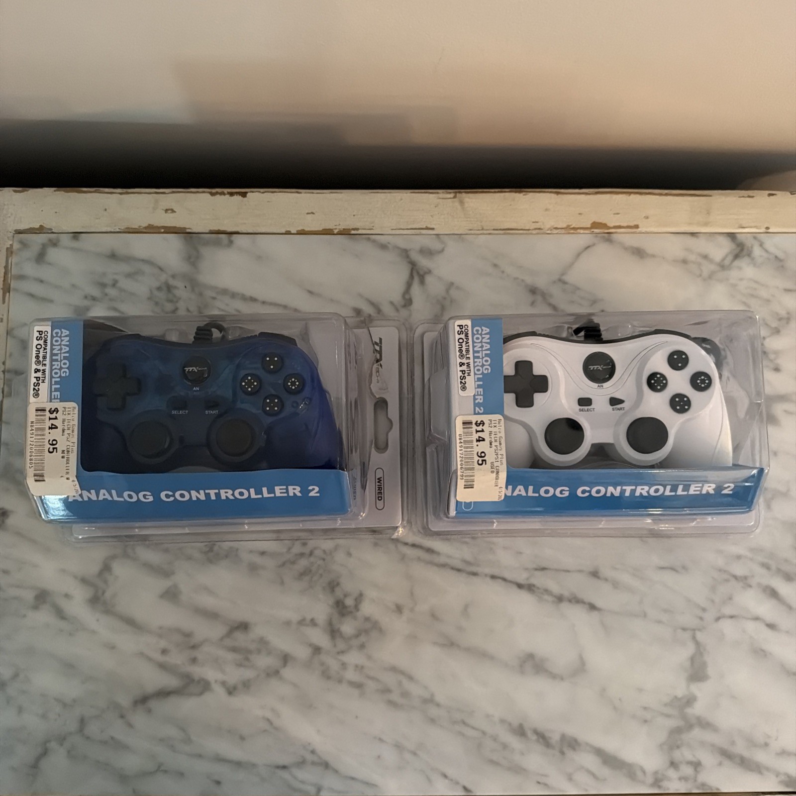 Lot of 2 TTX Tech PS2 & PS1 Analog Controller 2 Wired PS1 & PS2 White and Blue