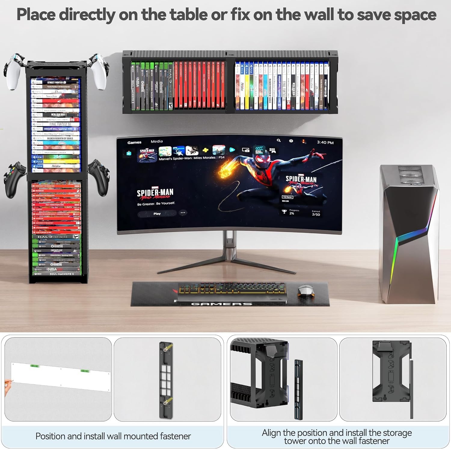 2-Tier Game Organizer Shelf Stand for Wall Mount and Desk Display Storage