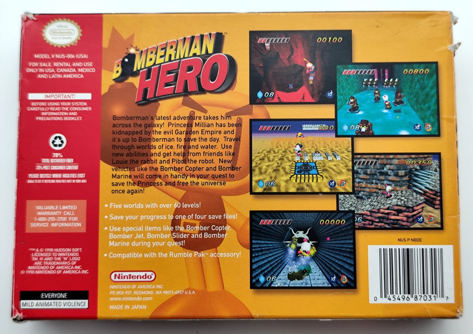 Bomberman Hero (Nintendo 64 N64, 1998) COMPLETE CIB Authentic Tested & Cleaned!