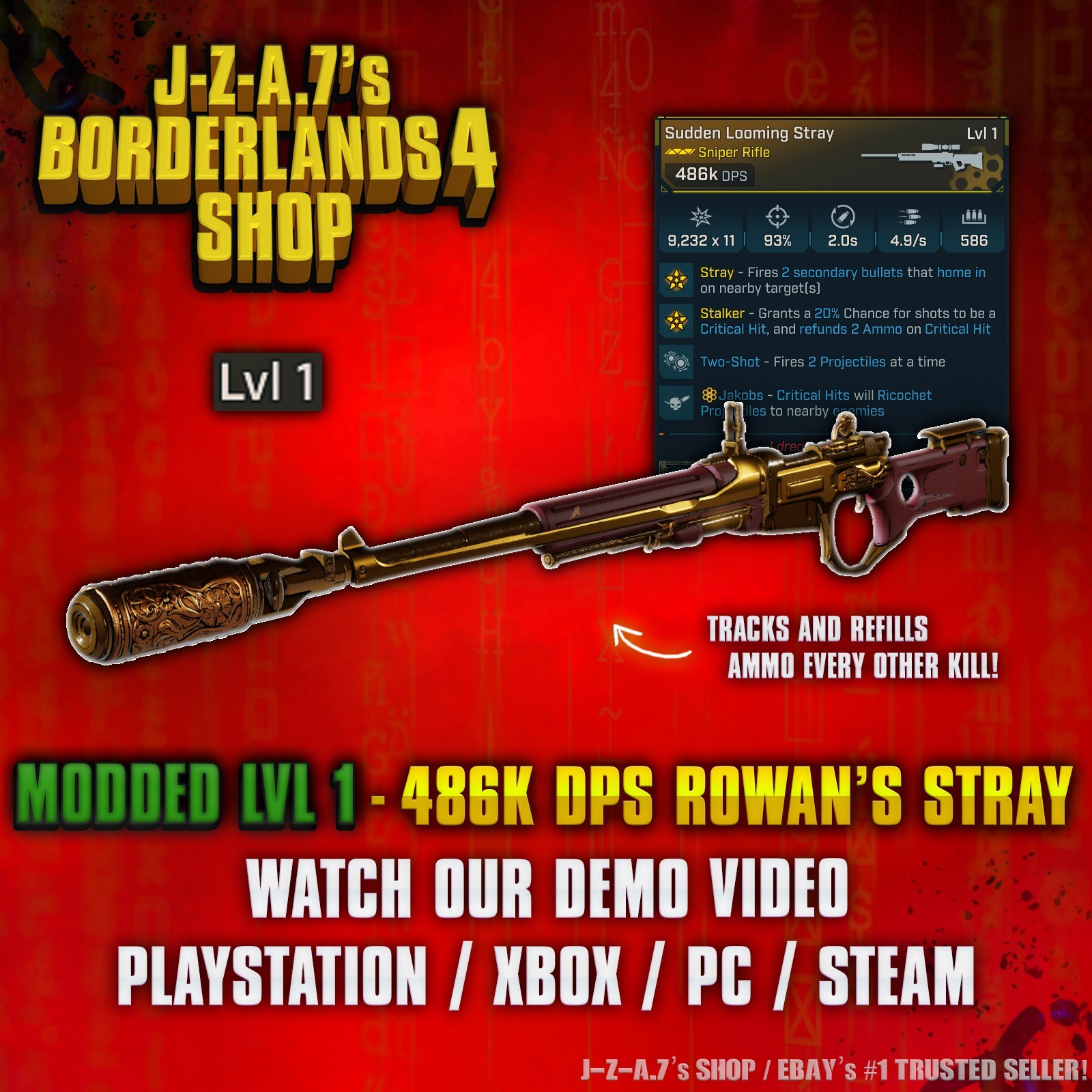 Borderlands 4✨ MODDED LEVEL 1 ONE 486K DPS ROWAN’S STRAY SNIPER BL4✅PC-PS-XBOX✨
