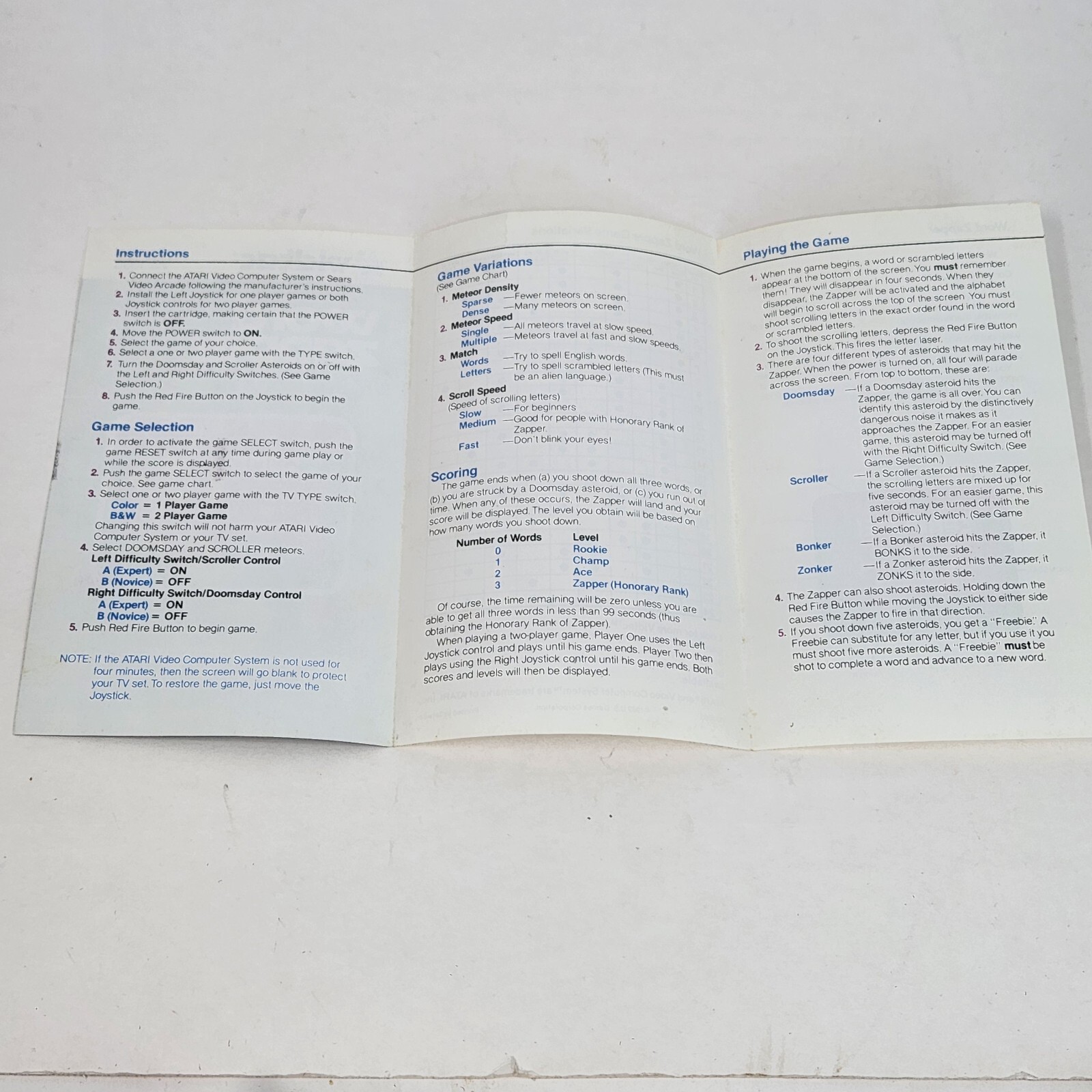 VINTAGE 1982 WORD ZAPPER ATARI 2600 VIDEO GAME REPLACEMENT INSTRUCTIONS ONLY