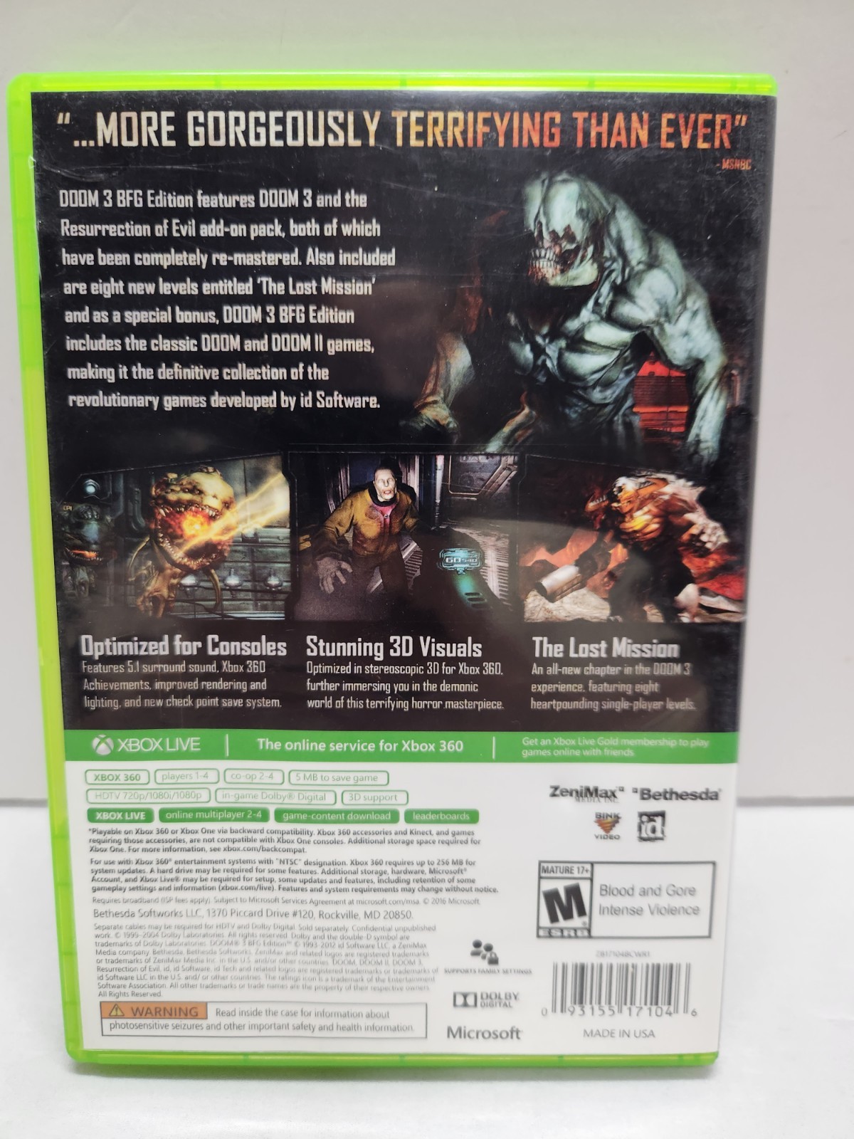 DOOM 3 BFG Edition Xbox One / Xbox 360 Tested & Working No Poster
