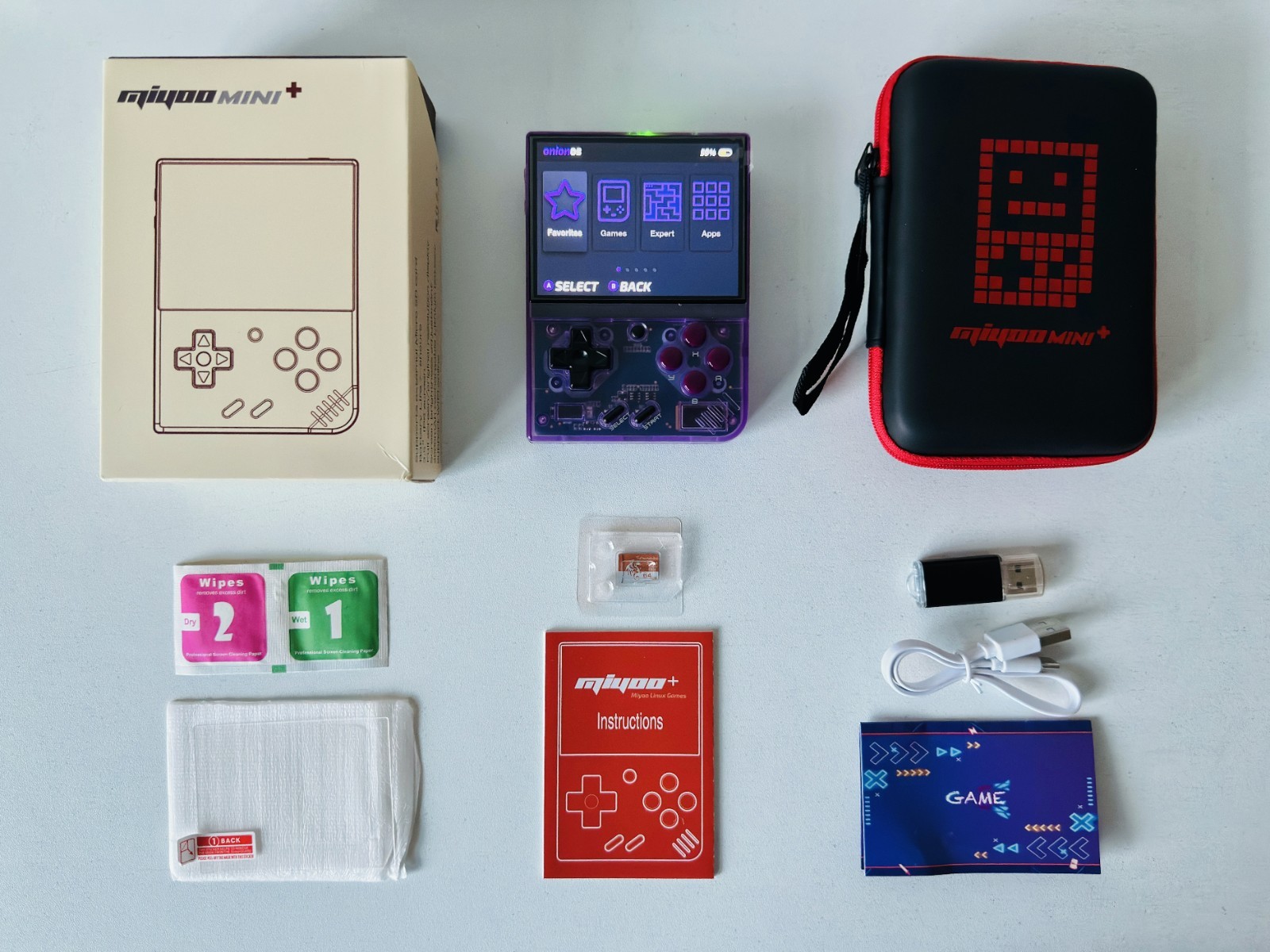 Miyoo Mini Plus Purple 64GB 3.5″ IPS Retro Handheld Console OnionOS WiFi + Case