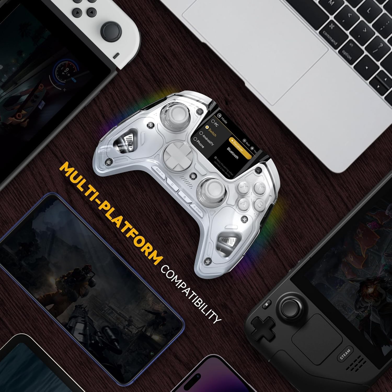 Ergonomic Wireless Gaming Controller with Interactive Screen for iOS/PC/Switch 2
