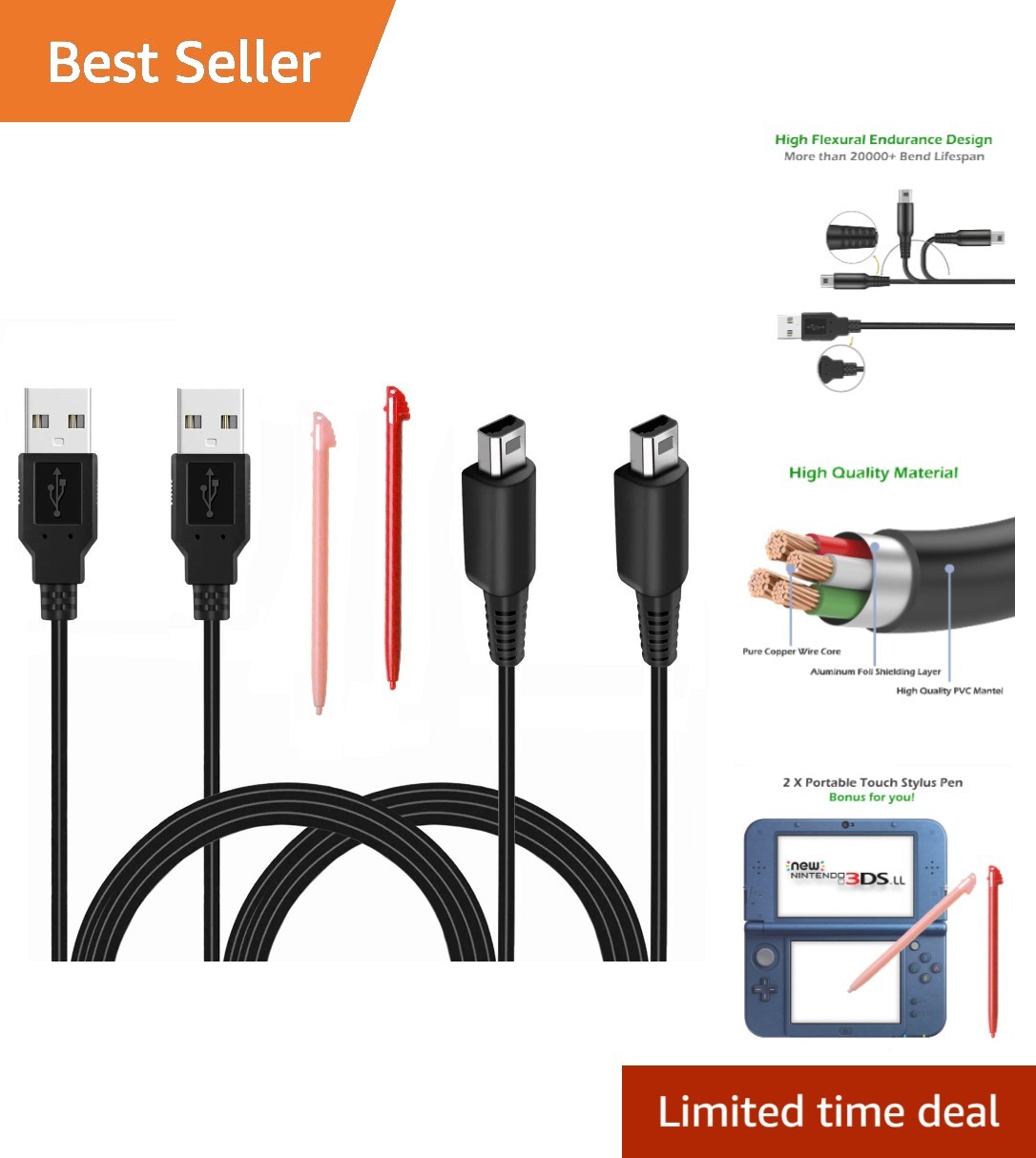 2 Pcs 3.9ft USB Charger Cable for 3DS/2DS/DSi – Play & Charge with Bonus Stylus