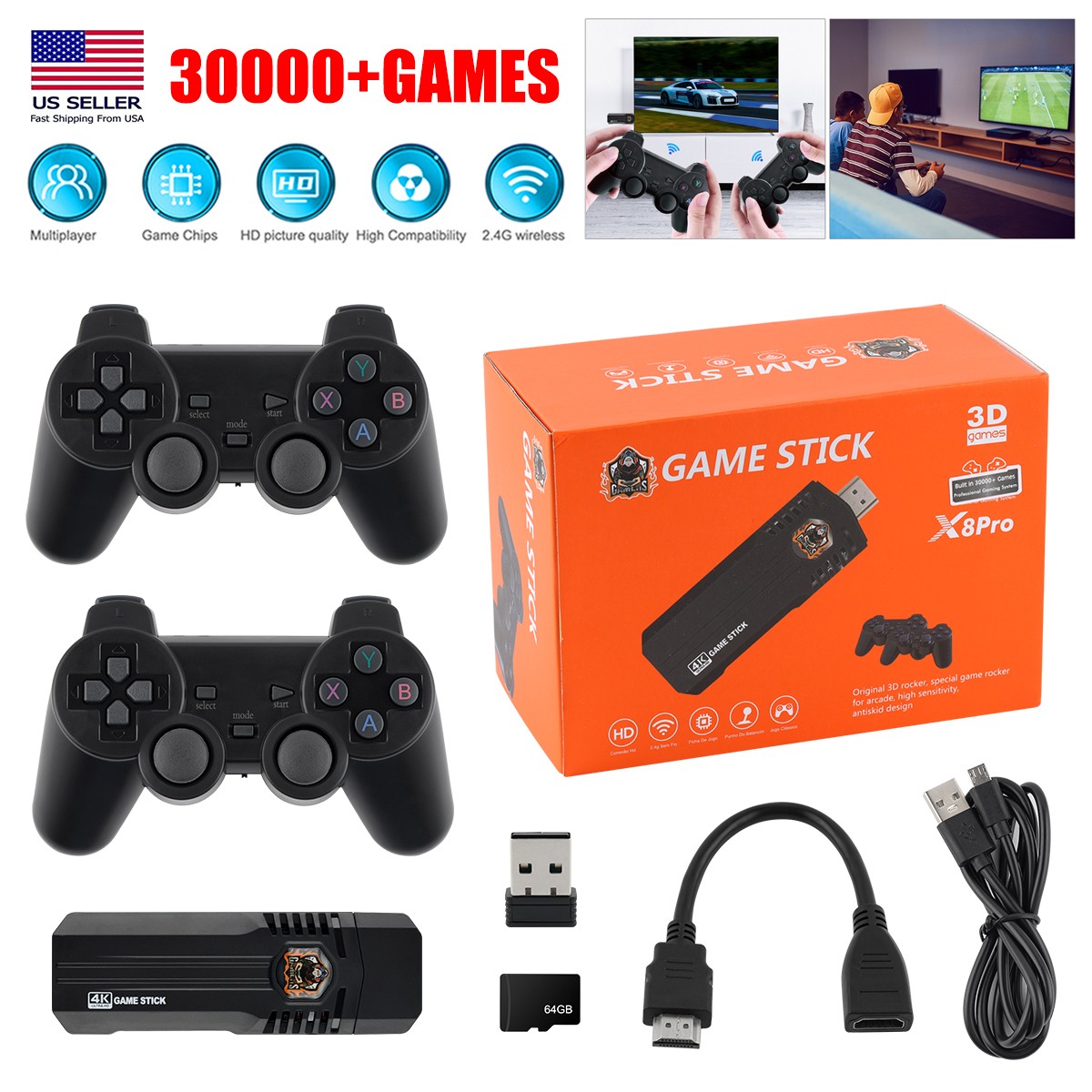 X8PRO 4K Retro Game Console 30,000+ Games 46 Emulators Dual Wireless Controllers