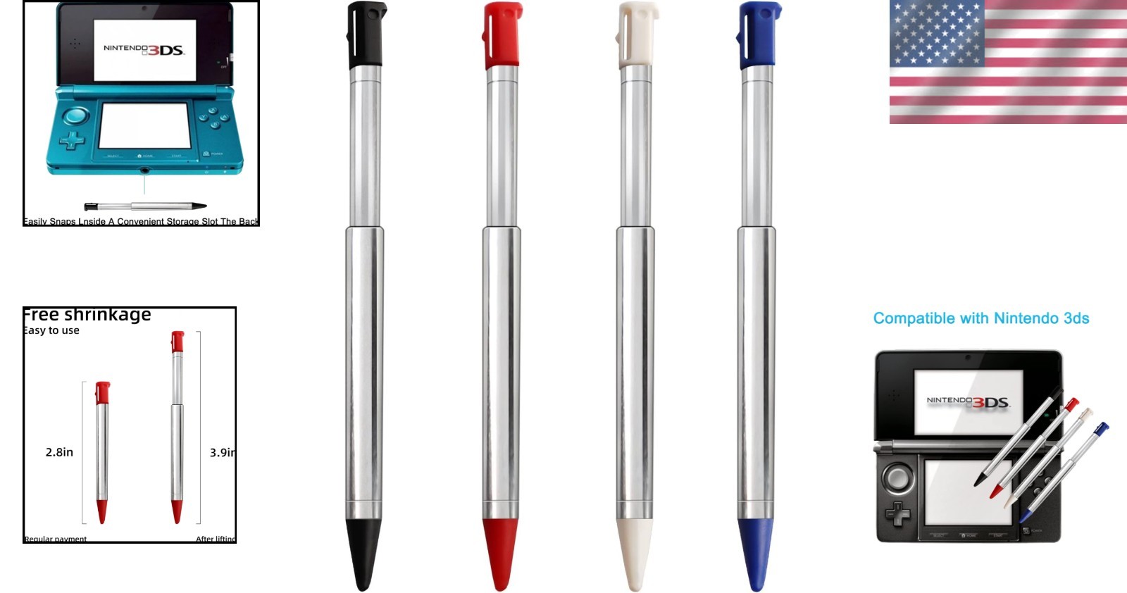 Multi Color Stylus Pen Set for Nintendo 3DS 4in1 Metal Touch Stylus Replacement