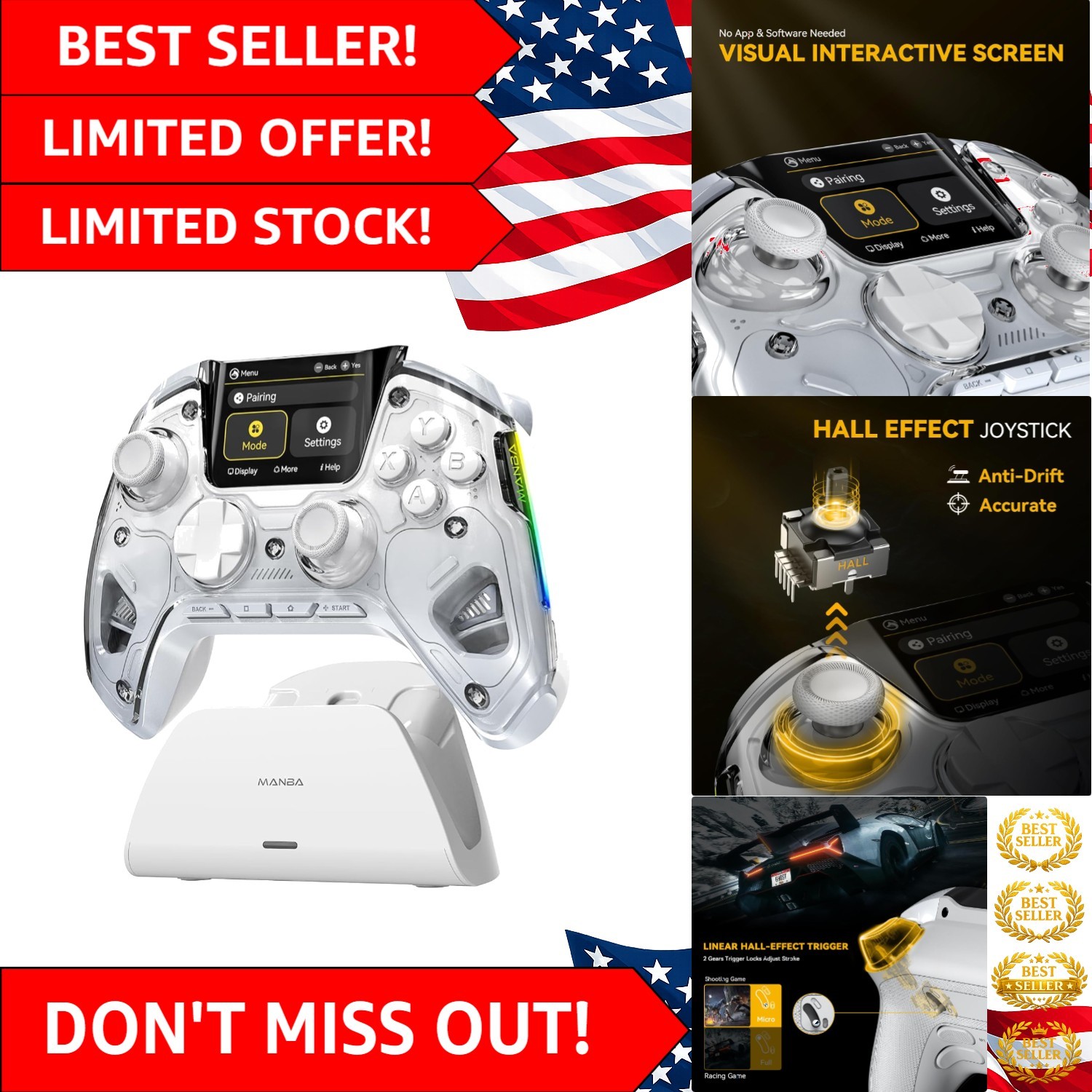 Ergonomic Wireless Gaming Controller with Interactive Screen for iOS/PC/Switch 2