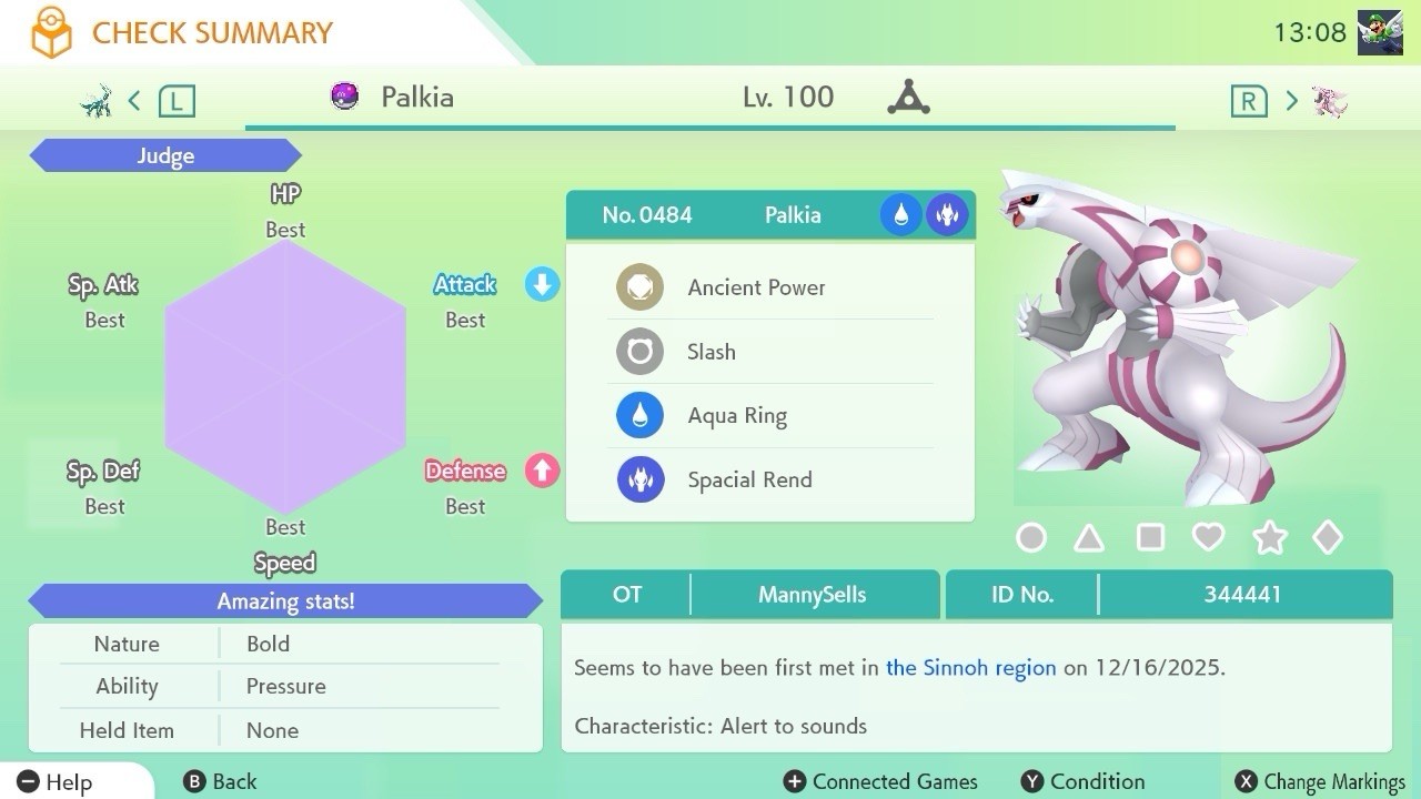 BDSP Caught Legendaries Shiny/Non Shiny, 6IV, Level 100, EVs 6HP 252ATK 252SPE