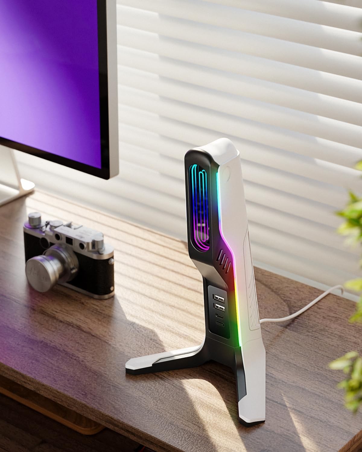 RGB Gaming Headset Stand with 2 USB and 1 C Ports Game Headphone Mount for PC